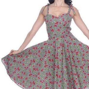 Sample Swing Dress Black Basket Plaid Red Cherries Green Leaves Spaghetti Tie Straps Summer Sweetheart Full Skirt XS Size 4 Ladies Apparel