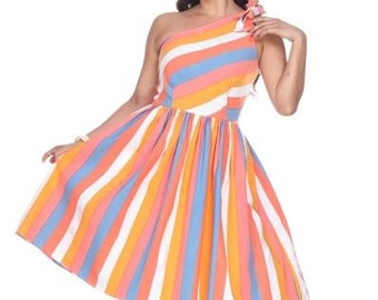 Sample Belinda Dress Groovy Sorbet Stripe Orange Blue Cream Gathered Skirt Single Shoulder Strap Stretchy Fabric Bow Brooch Lady Clothing M