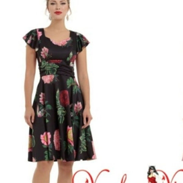 NOS Sample Dress Black Satin Pink Flowers Red Floral Flutter Sleeves Fitted Waist Full Skirt S Ladies Fashion Apparel Retro Clothing Women