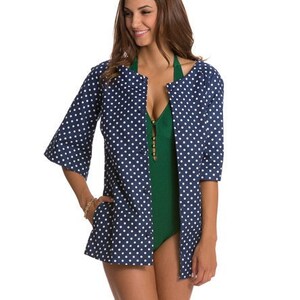 Campione Esther Williams ~ Copricostume da bagno realizzato negli Stati Uniti Blu Bianco Pois Taglia 6 o 8 Abbigliamento a bordo piscina Spiaggia Lago Fiume Canottaggio Pinup nautico