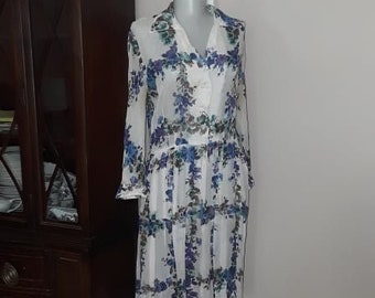 Shirt Dress barbette VTG Sheer Cotton Gauze light fabric White Blue Floral Ladies Fashion Mid Century Small Long Sleeve Summer Women's Wear