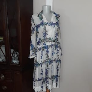 Shirt Dress barbette VTG Sheer Cotton Gauze light fabric White Blue Floral Ladies Fashion Mid Century Small Long Sleeve Summer Women&#39;s Wear