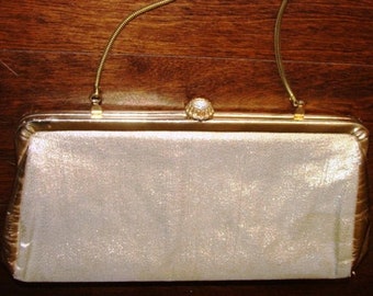 Gold Lame Metallic Mid Century Handbag Vintage Evening Bag Cocktails Purse Rhinestone Crown Top Chain Strap Clutch Viva Las Vegas