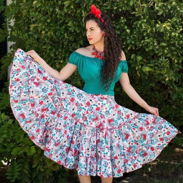 Salsa-Rock Latein Flare Muster 1949 Square Dance Musik Gitarre Blumen Weiß Schwarz Teal & Rot Damenmode Western Dà de Muertos S M L