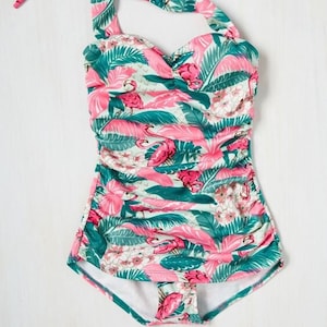 NOS Bettie Page Esther Williams Support Swimsuit USA Made Bathing Suit Pink Flamingo Rt 66 Mint Tummy Control Floral Tropic Beach Size 8 XS
