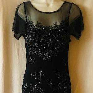 Vintage Stenay Black Beaded Gown Size 8 Medium 100% Silk Dress Sheer Dynasty Luxury Wedding Party Cocktails Classic Silhouette India