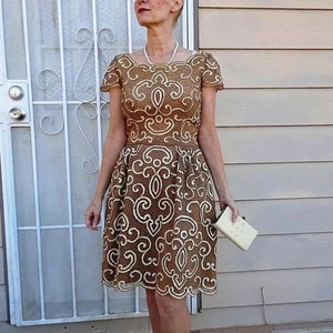 2 pc Original Mid Century Brown Cream Bead Lace & Crinoline Short Dress Scalloped Hem Shell Sleeves 1960&#39;s Fashion Designer Couture S 1 Off