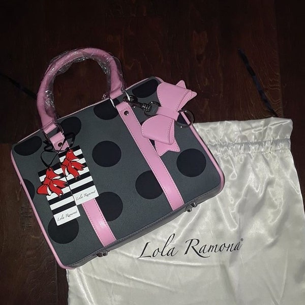 NOS Lola Ramona Handbag Viola Weekender Large Purse Viva Tote Charcoal Gray Black Easter Pink Polka Dots Casual Bag