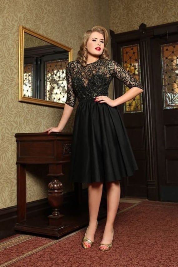 BFRretro Sample One of A Kind 150.00 Mid Century Couture Cocktails Evening Dress Small Black Satin Lace 3 4 Sleeve Mod Sweetheart Noir New Years Eve