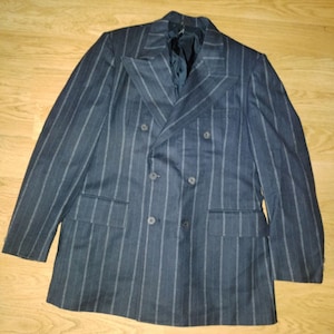 Vintage Späte 1940er Marineblau-Grün-Streifen-Sportmantel Herren-Hacking-Jacke Mitte des Jahrhunderts Universitäts-Siegel Grodin-Blazer-Wolle-Doppelbrust-Kirche