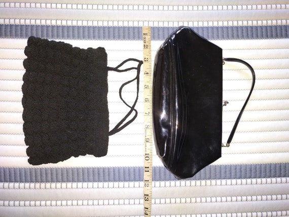 H L USA Black Patent Leather Hexagon Clutch Handbag Twist Lock Handmade 1940 Crochet Purse Gold Metal Zipper Vintage Ladies Holiday Apparel