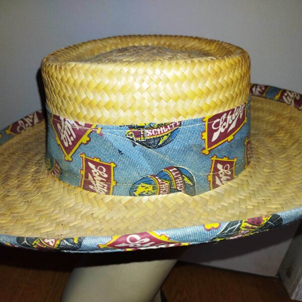 Schiltz "The beer that made Milwaukee famous" Straw Hat Woman's Natural Blue Band Handmade Gardening Head Wear Sun blocker Wide Brim Camping