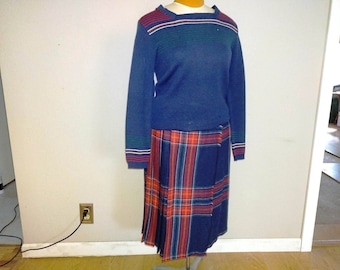 Vintage Mid Century Plaid Wrap Scottish Wool Skirt Medium USA Made 1950's Pendleton  Sweater Ladies Knit Blue Red Stripe Size 11/12 Small +