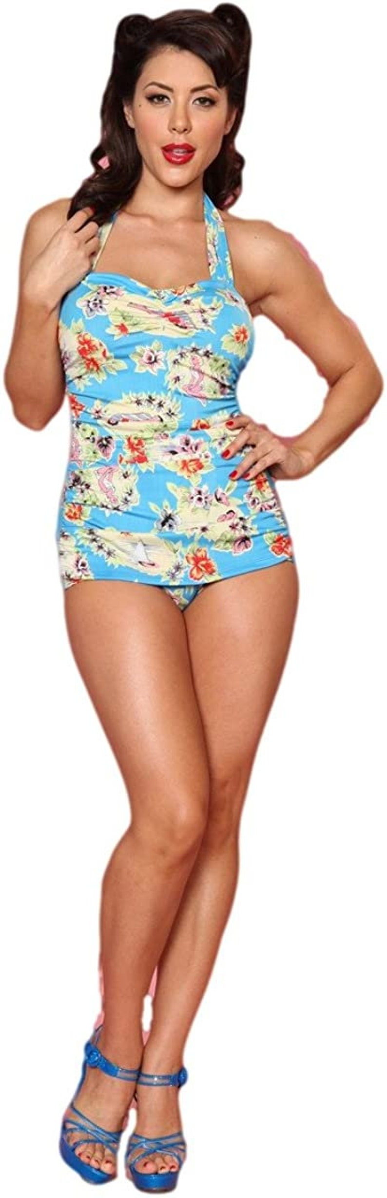 Bettie Page by Esther Williams USA Made Blue Vintage Sunbathers Swimwear Tiki Tropic Swimsuit Pool Swimming Beach Pinup 8 XS Bathing Suit image 4