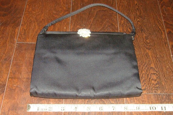Lewis Vintage Black Soft Satin Handbag Rhinestone… - image 3