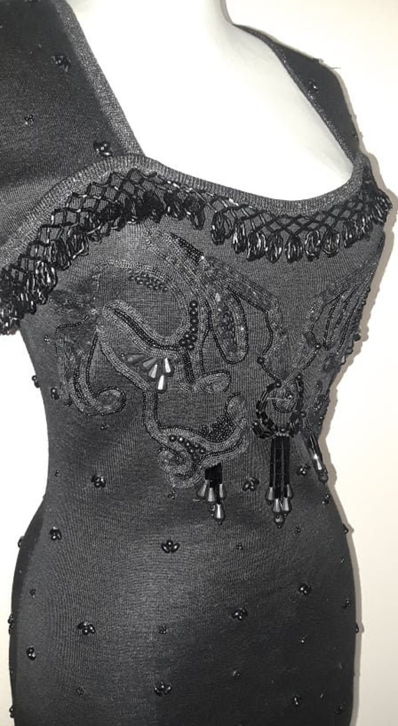 Carole Little Black Sequin Petite M Fitted Knit D… - image 2