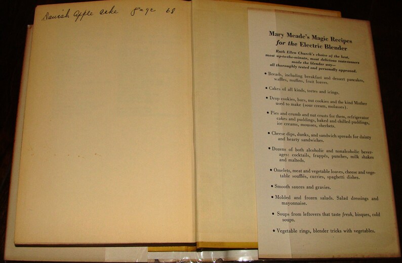 Puede incluir: Una p&aacute;gina de un libro de cocina vintage titulado "Las recetas m&aacute;gicas de Mary Meade para la licuadora el&eacute;ctrica". La p&aacute;gina enumera una variedad de recetas que se pueden hacer usando una licuadora, incluyendo panes, pasteles, galletas, tartas, salsas, postres, tortillas, salsas, sopas y platos de verduras.