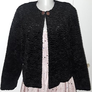 Vintage Faux Persian Poly Wool Koret Black Waist Jacket Petite Small Red Rhinestone Clasp Cape like fit Holiday Ladies Fashion Cocktail Coat