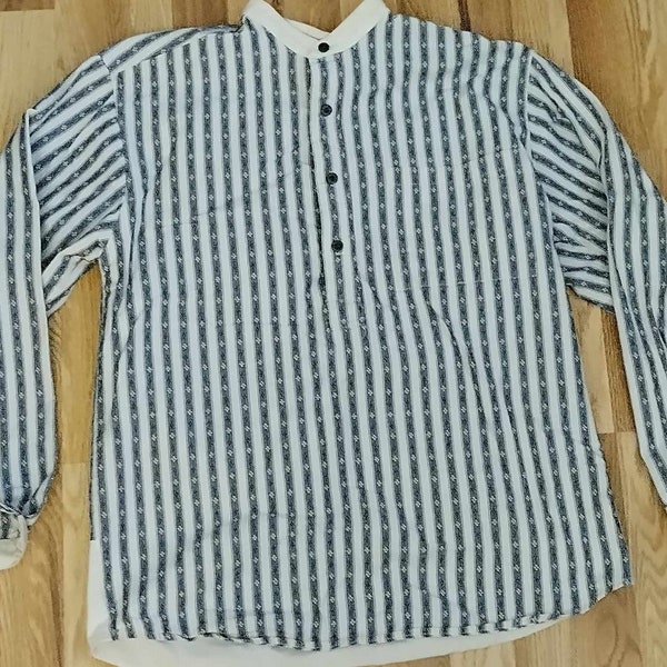 Wahmaker SAS Reproduction Old West Men's Shirt Cream White Stripe Western Cowboy Cotton Rancher Frontier Long Sleeve 4 button Pullover M