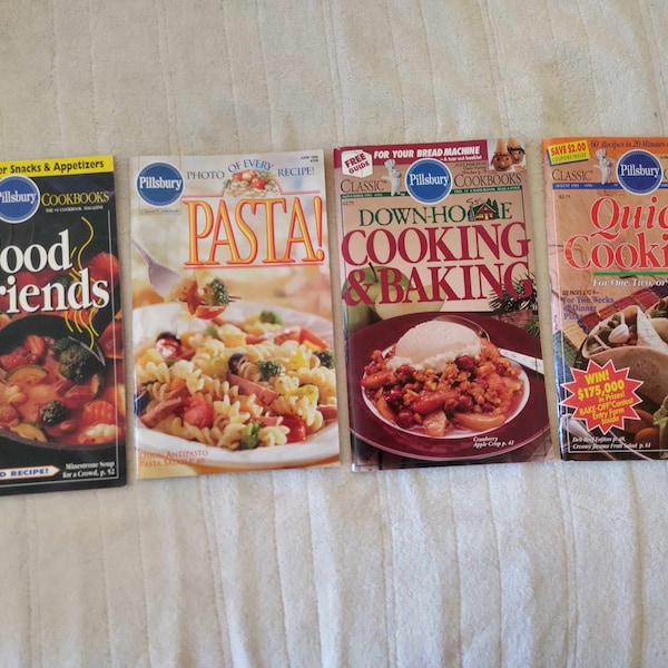 Set of 4 Vintage Pillsbury Cookbooks Quick Cooking Down-Home Baking Pasta Food for Friends Bowl Game Snacks Sippers Cheesecake Magazine