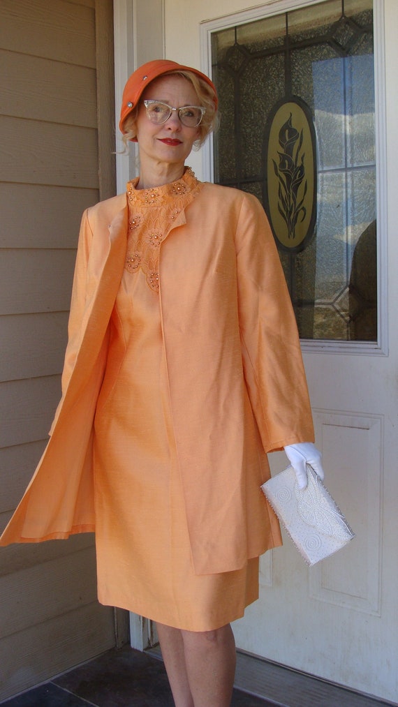1960's Orange 2 pc Vintage Dress & Jacket Set S Ti