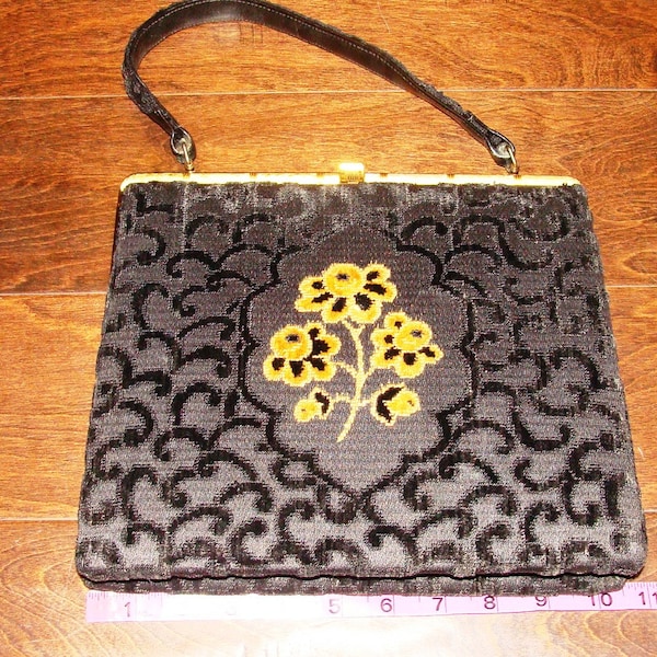 Mid Century 1960's Black Fabric Bag 70's Tapestry Brown/Mustard Flowers High Low Material Gold Metal Bamboo Short Hand Strap IE Metal Zipper