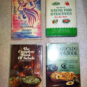 4 Vintage Cookbooks The Amateur Epicure's Art of Serving Food Attractively Avocado Book ~ Autographed Complete Salads Greens Bean Potato
