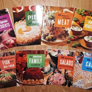 8 Cookbooks Lot Set 1970s Vintage Serve Vegetables American Family Salads One Dish Meals Fish Sea Food Desserts Meat Pies Pastries Cake