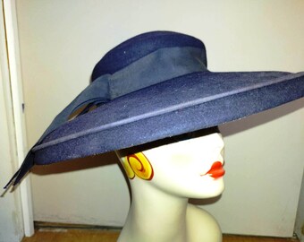 Blue Vintage Wide Brim Asymmetrical Hat Mid Century Size 22 Wool Felt Ladies Head Wear Women's Chapeau Church Sombrero Viva Accessory