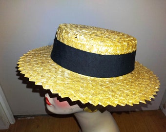 Italy made 100% Straw Cappello Ladies Hat Boater RN 59478 21" 22" Western Gatsby Summer Pioneer Western Vintage Chapeau Skimmer Sombrero