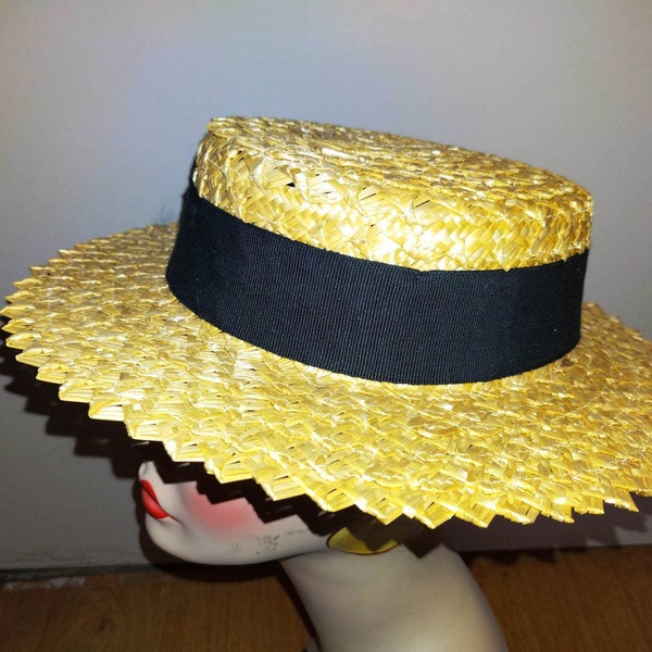 Italy made 100% Straw Cappello Ladies Hat Boater RN 59478 21" 22" Western Gatsby Summer Pioneer Western Vintage Chapeau Skimmer Sombrero