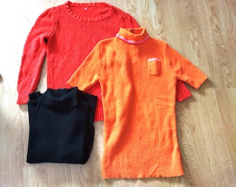 Pullover Sweater XS to Small Black 70's Medium Turtleneck Orange 1960's Short Sleeve Mid Sleeve 80's