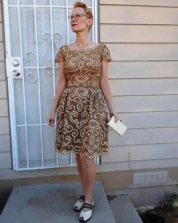 2 Pc Original Mid Century Brown Cream Bead Lace & Crinoline Short Dress  Scalloped Hem Shell Sleeves 1960's Fashion Designer Couture S 1 Off - Etsy  Ireland