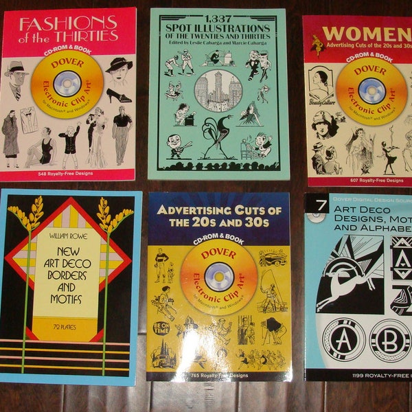 6 Different Clip Art Books NOS Fashions of 30s 20s Spot Illustrations Women Deco Borders Motifs Advertising Alphabet CD's