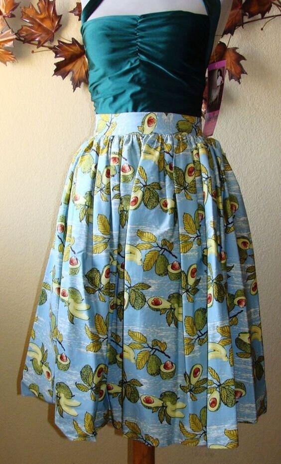 Sample Swing Skirt Gathered Avocado Fruit Blue Green Yellow Latin Gold ...