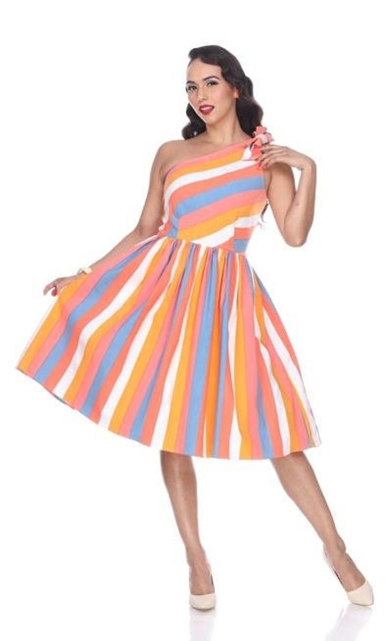 Sample Belinda Dress Groovy Sorbet Stripe Orange Blue Cream Gathered Skirt Single Shoulder Strap Stretchy Fabric Bow Brooch Lady Clothing M