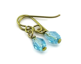 Light Turquoise Crystal Teardrop Gold Niobium Earrings, Aqua Blue European Drop Earrings for Sensitive Ears, Nickel Free Hypoallergenic
