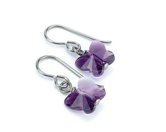 Titanium Earrings Amethyst Butterfly Crystal, Amethyst Blend Swarovski Crystal Butterfly Sensitive Ears Earrings for Girls, Niobium Earrings