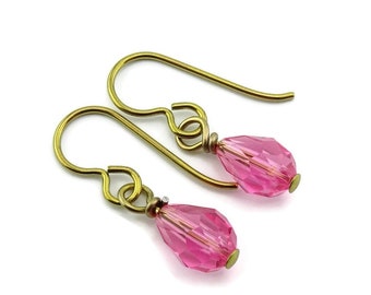 Pink Crystal Drop Gold Niobium Earrings, Rose European Crystal Teardrop Earrings, Hypoallergenic Earrings, Non Allergic Nickel Free Jewelry