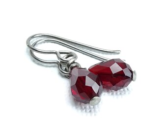Garnet Teardrop Titanium Earrings, Swarovski Crystal Teardrop Hypoallergenic Niobium Earrings or Titanium Earrings for Sensitive Ears