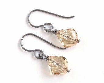 Golden Shadow Baroque Crystal Titanium Earrings, Champagne European Crystal, Hypoallergenic Nickel Free Niobium Earrings for Sensitive Ears