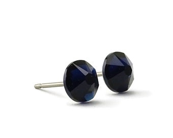 Dark Indigo Studs Titanium Post Earrings, Deep Blue Crystal Posts, Nickel Free Hypoallergenic Pure Titanium Stud Earrings for Sensitive Ears