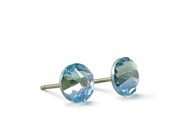 Light Blue Post Stud Titanium Earrings, Aquamarine Moonlight European Crystal Sensitive Ears Studs, Nickel Free Hypoallergenic Posts Studs