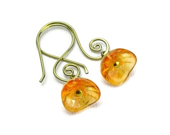 Niobium Earrings Orange Flowers, Swirly Gold Niobium Earrings, Sunshine Orange with Gold Flecked Flower Earrings, Hypoallergenic Jewellery