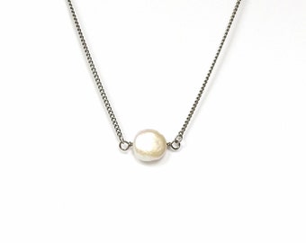 White Coin Pearl Titanium Necklace, Ivory Freshwater Pearl Niobium Bridal Necklace, Hypoallergenic Nickel Free Sensitive Skin Jewelry