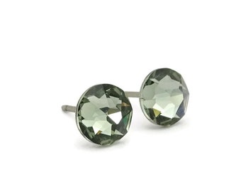 Black Diamond Studs Pure Titanium Post Earrings, 6.5mm Gray Crystal Posts, Grey Hypoallergenic Nickel Free Stud Earrings for Sensitive Ears