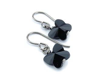 Titanium Earrings Black Butterfly Crystal, Jet Black Swarovski Crystal Butterfly Sensitive Ears Earrings for Girls, Niobium Earrings