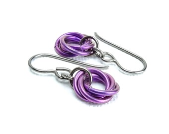 Niobium Earrings Violet Eternity Mobius, Hypoallergenic Niobium Sensitive Ears Earrings, Infinity Chainmaille Flower Titanium Jewelry