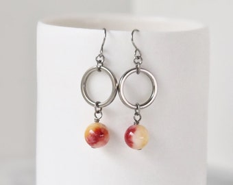 Mokalite Bead on Titanium Circle Earrings, White, Red, Yellow Gemstone Titanium Hoop, Hypoallergenic Niobium Earrings for Sensitive Ears