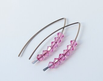 Rose Crystal Niobium Earrings, Pink European Crystal Wishbone Slider, Nickel Free Hypoallergenic Arch Threader Earrings for Sensitive Ears